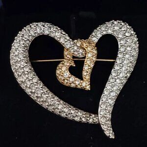 Swarovski Two-Toned Crystal Double Hearts Entwined Heart Brooch  ~Stamped~